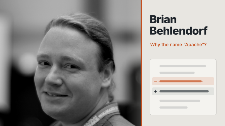 Chân dung đen trắng của Brian Behlendorf, nhà đồng sáng lập dự án Apache, bên cạnh câu hỏi tiếng Anh “Why the name ‘Apache’?” (Vì sao lại đặt tên là Apache?) và một hình đồ họa diff tối giản với một dòng bị xóa và một dòng được thêm vào.