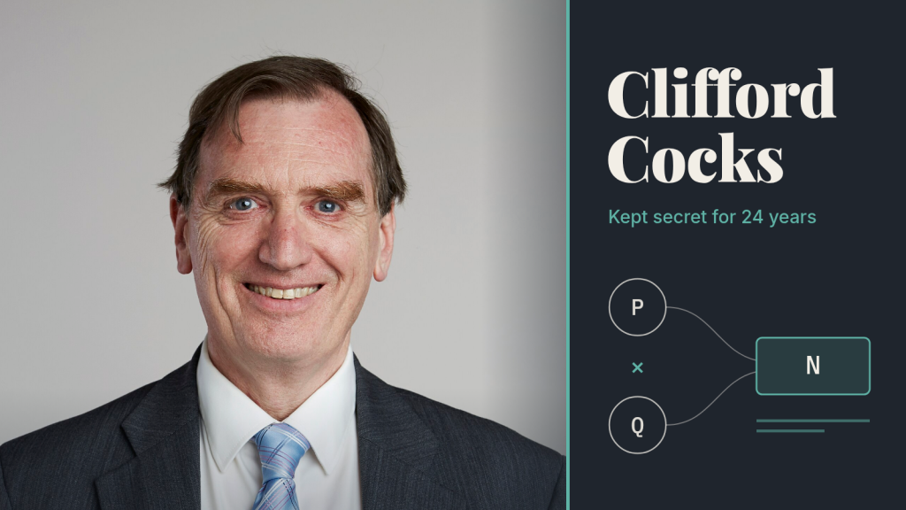 Chân dung nhà toán học Clifford Cocks trên nền xám, bên cạnh hình đồ họa tối giản thể hiện tích N = P × Q.