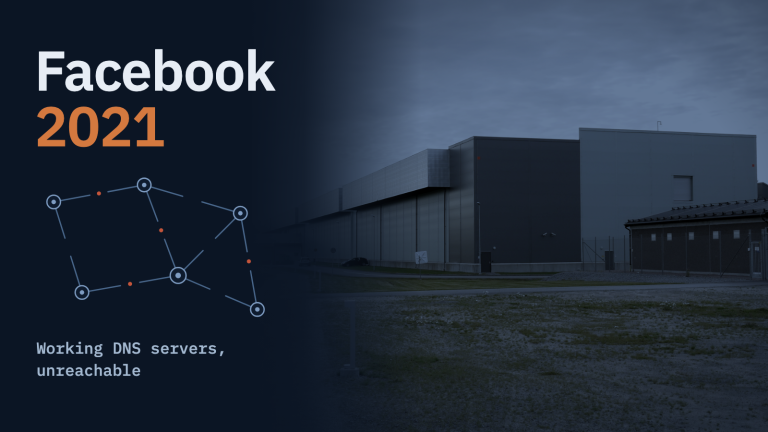 Một tòa nhà trung tâm dữ liệu của Facebook ở Luleå, Thụy Điển, trong tông màu xanh dương đậm, bên cạnh dòng chữ “Facebook 2021” và “Working DNS servers, unreachable”, cùng một sơ đồ mạng mờ nhạt với các đường nối bị cắt.