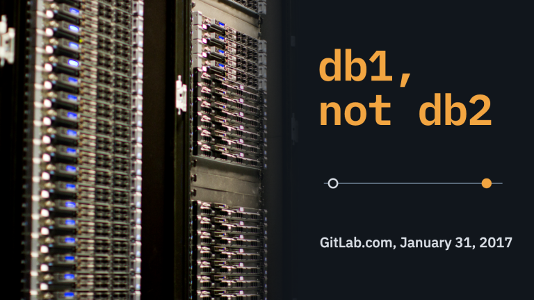 Các tủ server có đèn trạng thái màu xanh lam, bên cạnh dòng chữ “db1, not db2” và “GitLab.com, January 31, 2017”, cùng một đường kẻ mảnh với hai điểm đánh dấu.