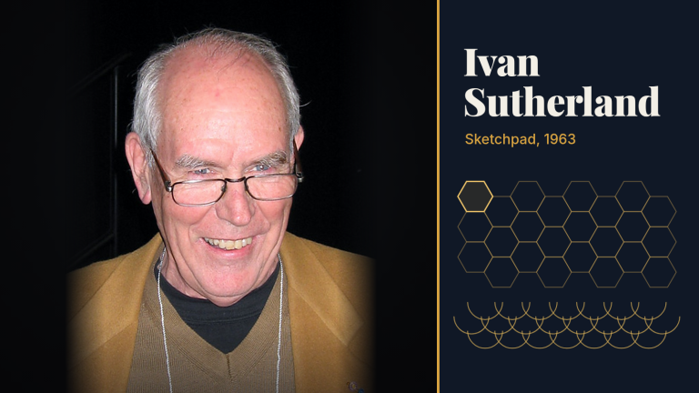 Ivan Sutherland mỉm cười trong bức chân dung chụp năm 2008 tại Bảo tàng Lịch sử Máy tính, trên nền tối.