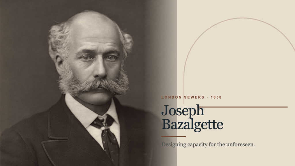 Chân dung Joseph Bazalgette bên trái với họa tiết vòm cống tối giản ở bên phải.