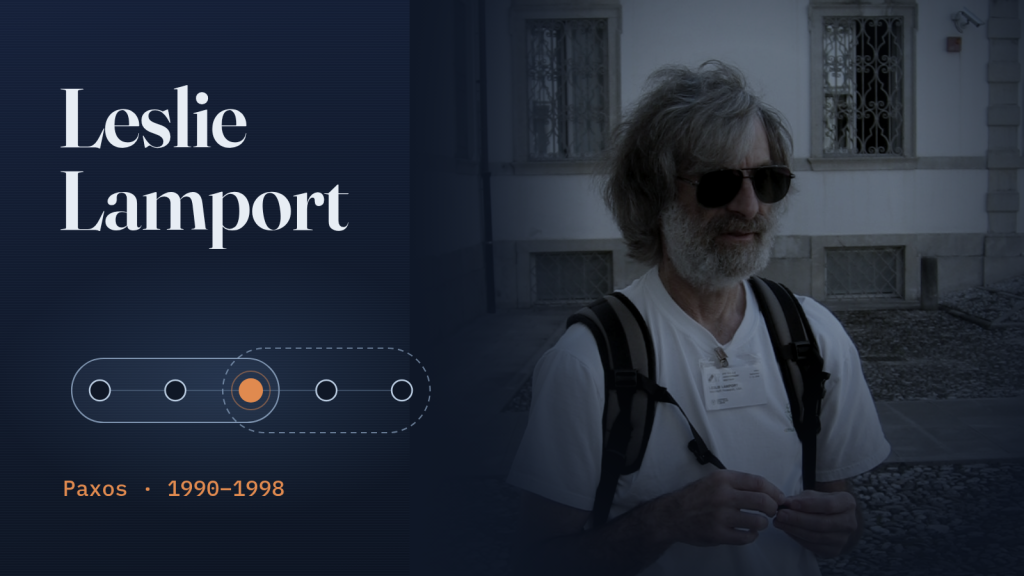Leslie Lamport đeo kính râm, mặc áo phông trắng, trong ảnh chụp năm 2006, bên cạnh tên ông và một sơ đồ mờ về các nhóm đa số chồng lấn nhau.