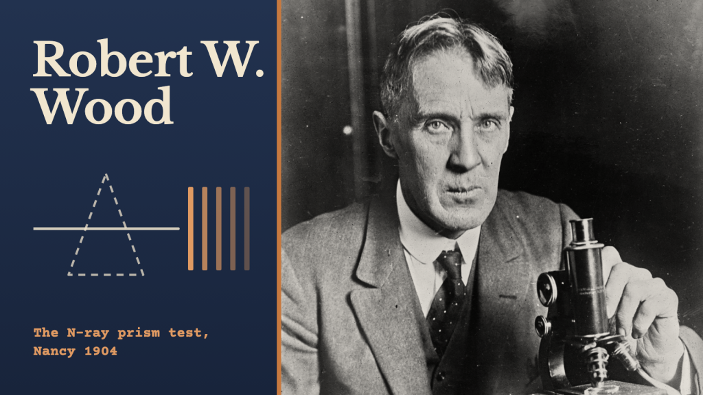 Robert W. Wood bên kính hiển vi trong một bức ảnh năm 1927, đặt ở phía bên phải ảnh bìa màu xanh dương đậm, cạnh hình lăng kính vẽ nét đứt cùng các dòng chữ “Robert W. Wood” và “The N-ray prism test, Nancy 1904”.