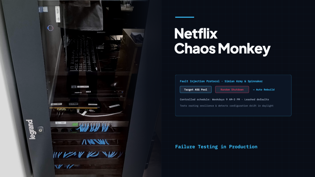 Ảnh minh họa tủ server với dây cáp mạng màu xanh do OboeBlanket chụp; không phải hạ tầng Netflix.