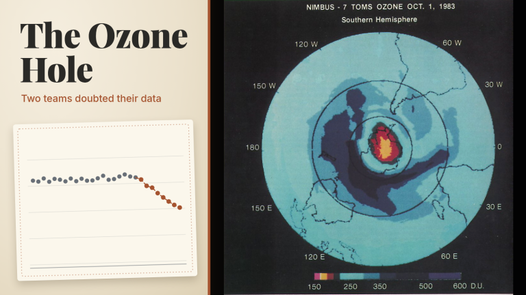 Bản đồ vệ tinh năm 1983 của NASA thể hiện lượng ozone ở Nam Bán Cầu, với một mảng màu đỏ và vàng biểu thị các giá trị rất thấp phía trên Nam Cực, đặt trên nền tối, bên cạnh khung tiêu đề nền giấy tông màu ấm.