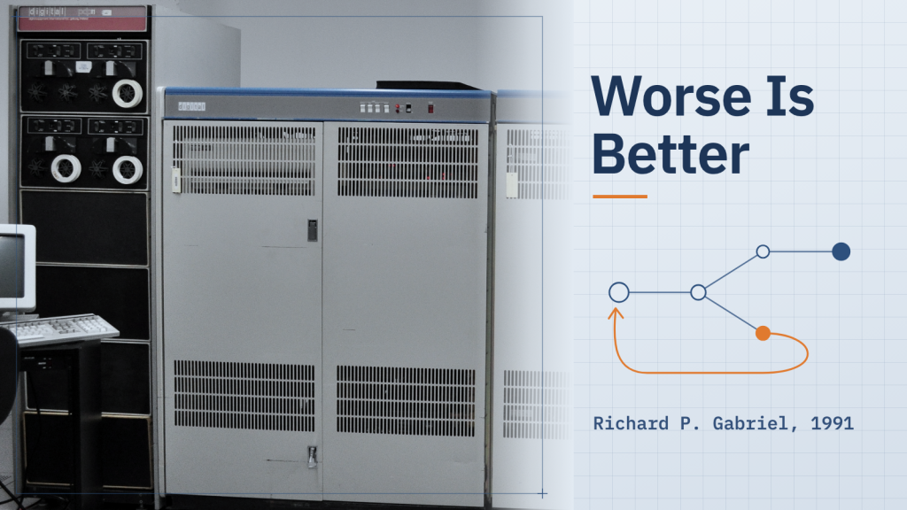 Các tủ máy tính DEC và một giá ổ băng từ trong một viện bảo tàng, bên cạnh dòng chữ “Worse Is Better” và “Richard P. Gabriel, 1991”, cùng một sơ đồ đường nét mô tả một lời gọi vòng ngược về để thử lại.