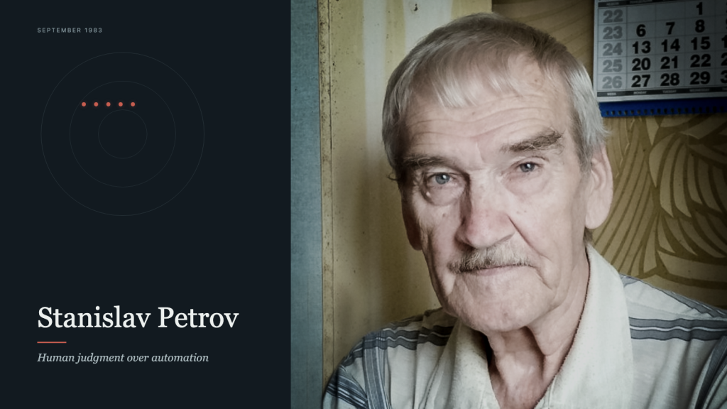 Stanislav Petrov cạnh graphic radar năm tín hiệu tối giản trong cover editorial tối màu.