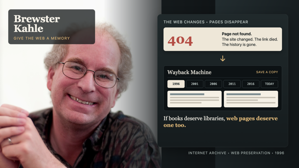 Brewster Kahle bên cạnh minh họa editorial cho thấy page 404 được biến thành các snapshot lưu trong Wayback Machine.