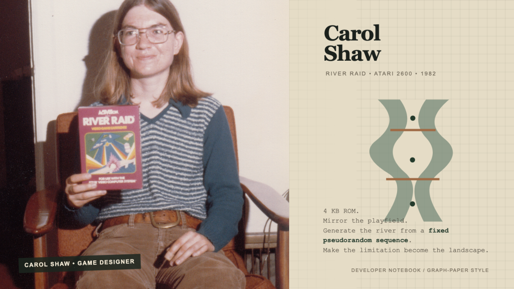 Carol Shaw cầm hộp River Raid bên trái, cạnh đó là sketch tối giản về cách generate dòng sông.