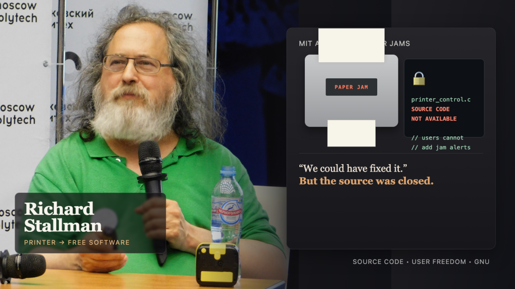 Richard Stallman bên cạnh minh họa editorial về printer bị jam và source code không được cung cấp.