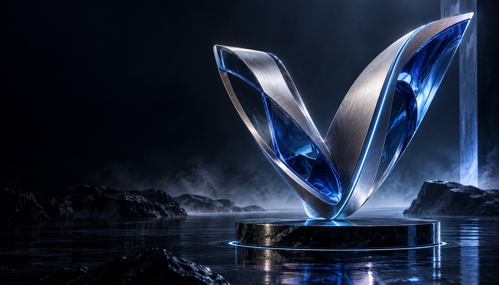 Sculptural titanium and blue glass forms rising into an abstract V