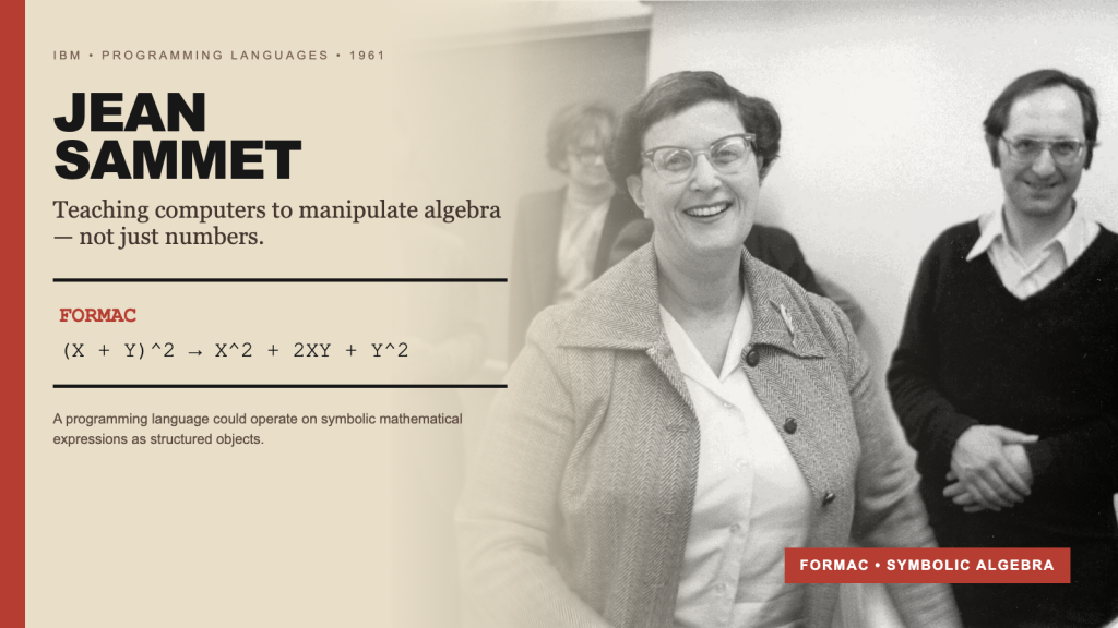 Chân dung lớn Jean Sammet bên cạnh một formula FORMAC symbolic algebra tối giản.