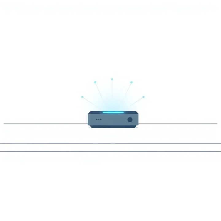 Một thiết bị máy tính để bàn nhỏ gọn nằm trên mặt bàn màu trung tính với hiệu ứng ánh sáng xanh lam dịu nhẹ.