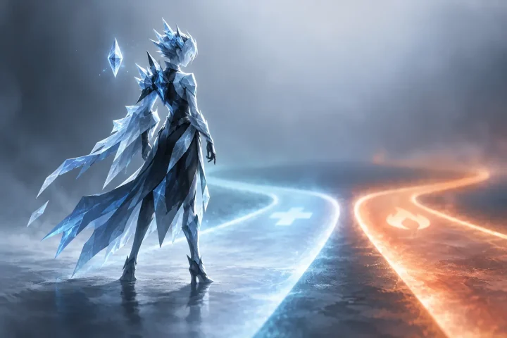 Minh họa biên tập về một nhân vật game băng kết tinh đứng cạnh lối đi phát sáng, chia thành hai hướng tượng trưng cho vai trò hỗ trợ và gây sát thương.