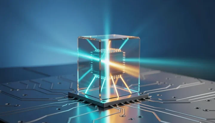 Minh họa biên tập về một linh kiện vi chip quang học rực sáng với các luồng ánh sáng màu xanh lơ và màu hổ phách trên bảng mạch.