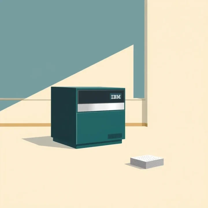 Minh họa báo chí về bảng điều khiển máy tính mainframe IBM 1401 thời kỳ đầu được chế tác từ kim loại màu xanh thiên thanh đậm bên cạnh chồng thẻ đục lỗ gọn gàng trong một văn phòng tối giản.