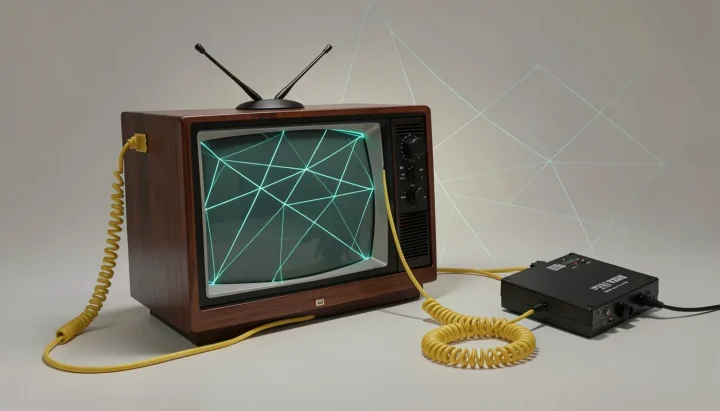 Một chiếc ti vi phong cách thập niên 1970 được tùy chỉnh kết nối với khối điện tử màu đen qua dây cáp xoắn màu vàng, phát ra các đường lưới màu xanh ngọc bích phát sáng trên nền xám ấm.