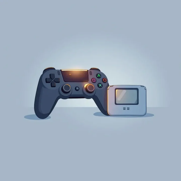 Tay cầm chơi game hiện đại nằm cạnh thẻ game cách điệu trên bề mặt phản chiếu đổi màu mịn màng.