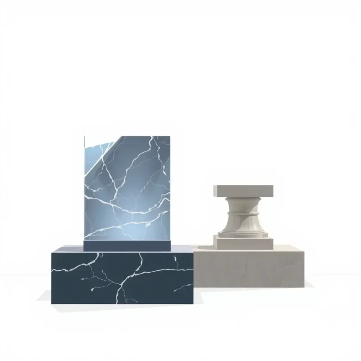 Một bức tượng cẩm thạch kỹ thuật số phát sáng đặt đối diện với một bức tượng đá cổ điển chưa thắp sáng trên nền trung tính.