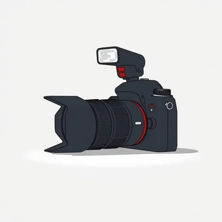 Minh họa biên tập về một đèn flash nhỏ gọn kiểu Godox gắn trên hotshoe của máy ảnh.