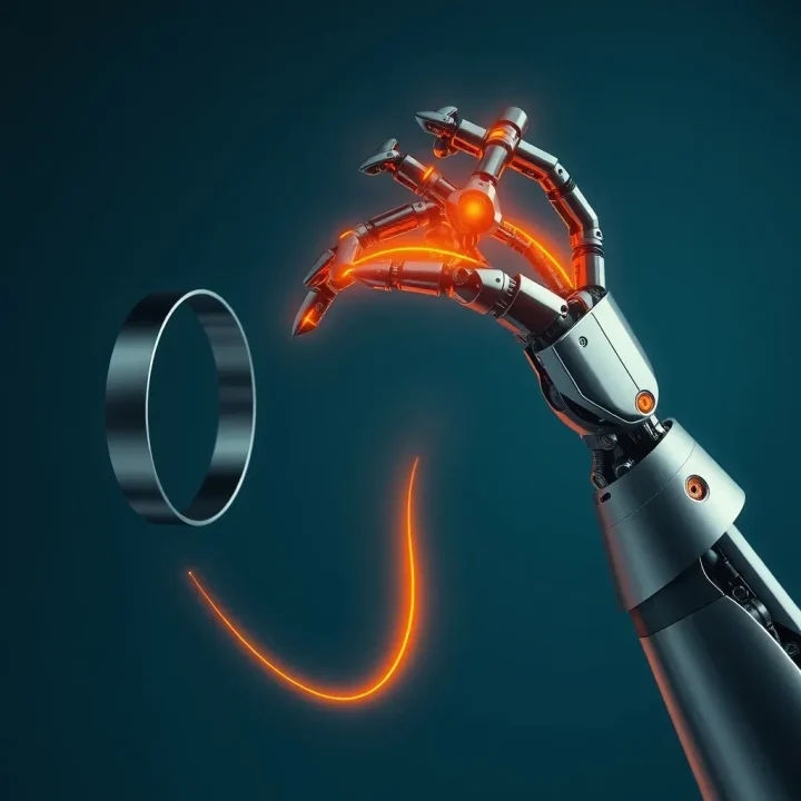Minh họa biên tập về bàn tay robot bằng chrome bóng và than chì cuộn lấy dải ánh sáng hổ phách phát sáng bên cạnh vòng cảm biến chiếu sáng.
