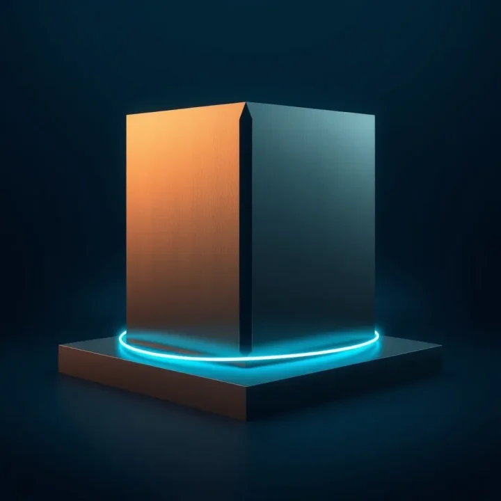 Khối hình học bằng titan nhẵn bóng được chiếu sáng bởi ánh xanh lam trên nền đá phiến tối màu.