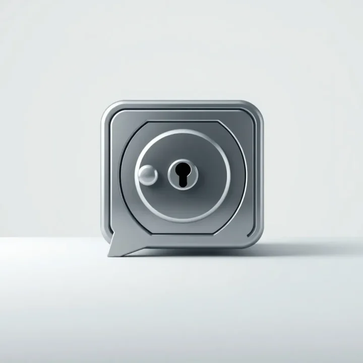 Biểu tượng cửa két sắt hình bong bóng trò chuyện bằng kim loại với một ổ khóa trên nền sạch sẽ.