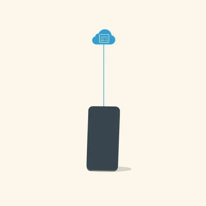 Minh họa tối giản của một chiếc smartphone màu xám đậm với một đường sáng xanh lam nối đến biểu tượng máy chủbay trên không trung, tượng trưng cho các quy trình làm việc agent được host trên cloud.