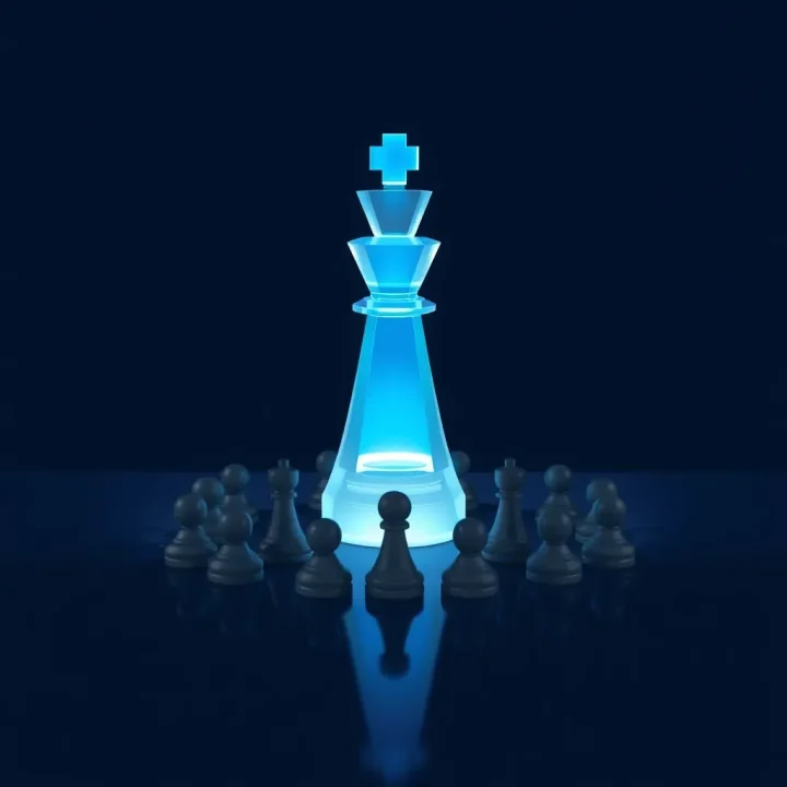 Quân cờ Xe bằng thủy tinh mờ phát sáng đứng ở trung tâm giữa các quân chốt gỗ màu than mờ trên mặt bàn tối phản chiếu.