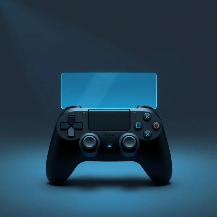Thân tay cầm chơi game màu đen nhám với dải đèn xanh lam phát sáng đặt trước một tấm kính mờ trong suốt đang lơ lửng trên phông nền studio tối.