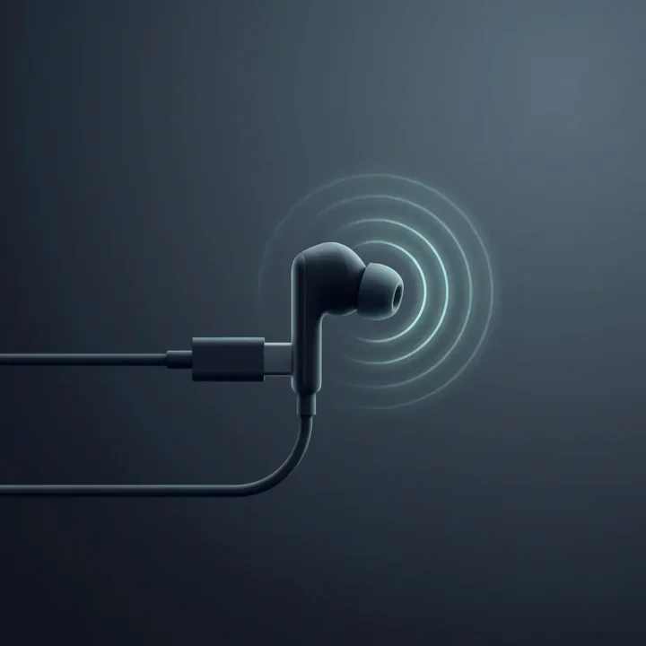 Một chiếc tai nghe USB-C kiểu dáng hiện đại đặt trên bề mặt tối màu, tỏa ra các vòng sáng mềm mại tượng trưng cho tính năng chống ồn chủ động.