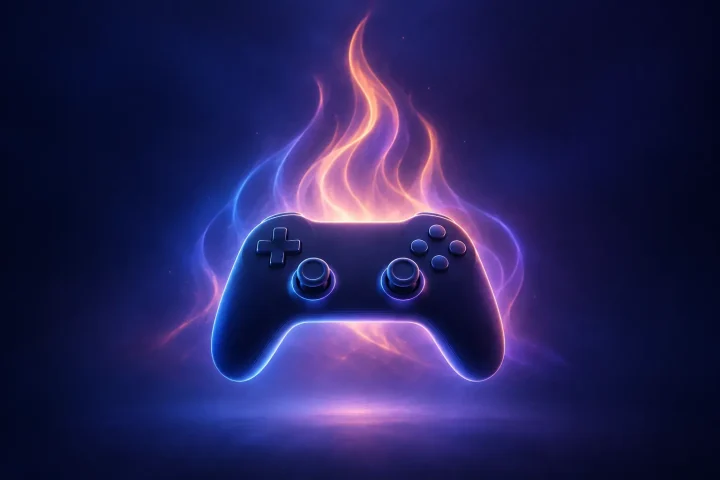 Một tay cầm chơi game cách điệu lơ lửng trước các vệt sáng mờ ảo có hình dáng của một ngọn lửa trại, đại diện cho chế độ chơi mạng hợp tác.