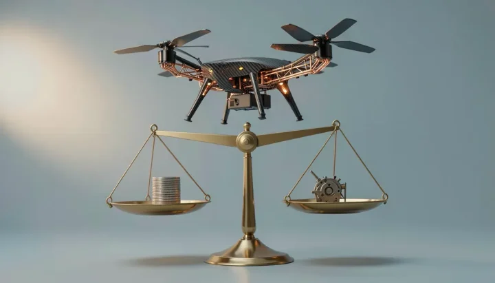 Hình minh họa báo chí về một chiếc drone bằng sợi carbon tối màu lơ lửng phía trên chiếc cân đĩa bằng đồng thau chứa tiền xu và các linh kiện cơ khí trên nền màu xanh đá phiến.