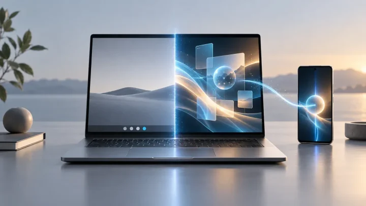 Minh họa biên tập về một chiếc laptop cao cấp kết nối với điện thoại phát sáng, thể hiện Googlebooks kết hợp các tính năng Android và công cụ AI.
