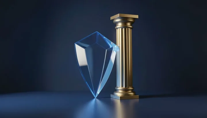 Hình minh họa biên tập với chiếc khiên thủy tinh sapphire phát sáng đặt cạnh cột trụ cổ điển bằng đồng thau trên nền xanh hải quân đậm.