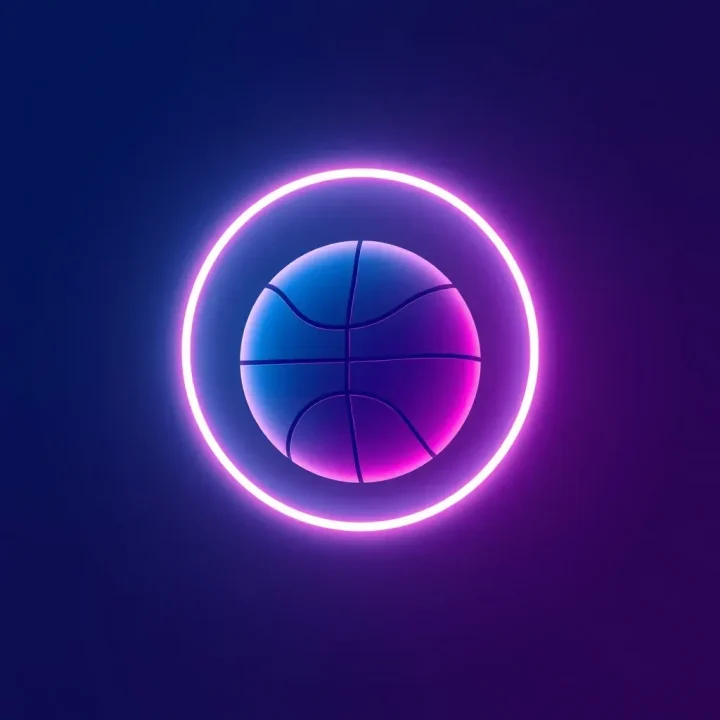 Một quả bóng rổ nằm bên trong khung đèn neon phát sáng với ánh sáng màu lục lam và đỏ tươi.