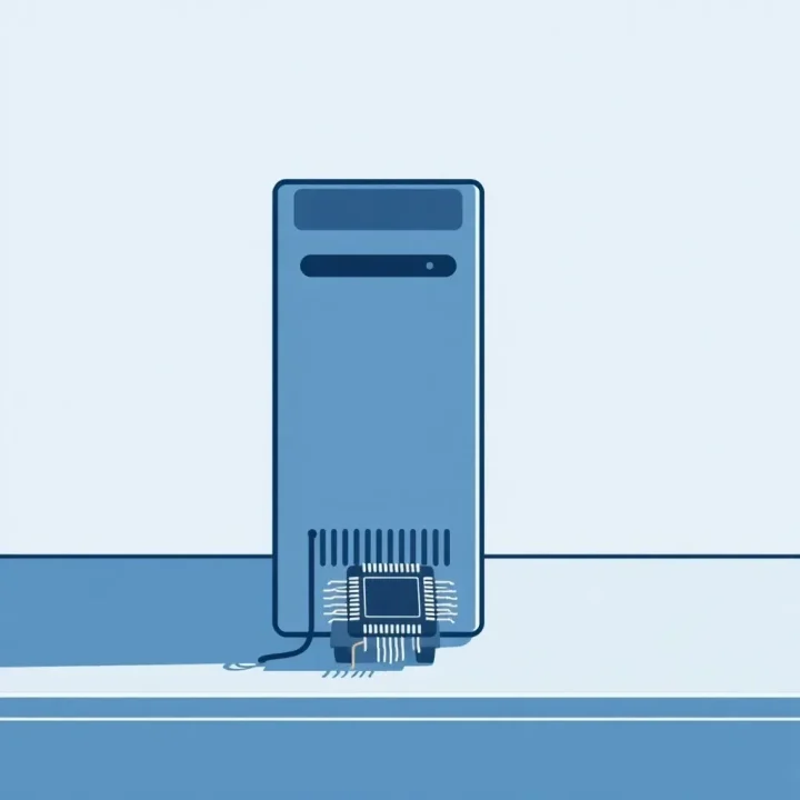 Minh họa dạng vector thể hiện một thùng máy tính 64-bit đổ bóng xuống một vi mạch 32-bit nhỏ rời rạc trên bàn làm việc màu xanh đá.