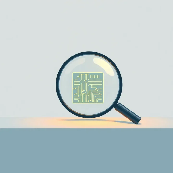 Một kính lúp hiện đại đang soi sáng một khối logic mã nguồn phần mềm duy nhất trên nền trung tính.