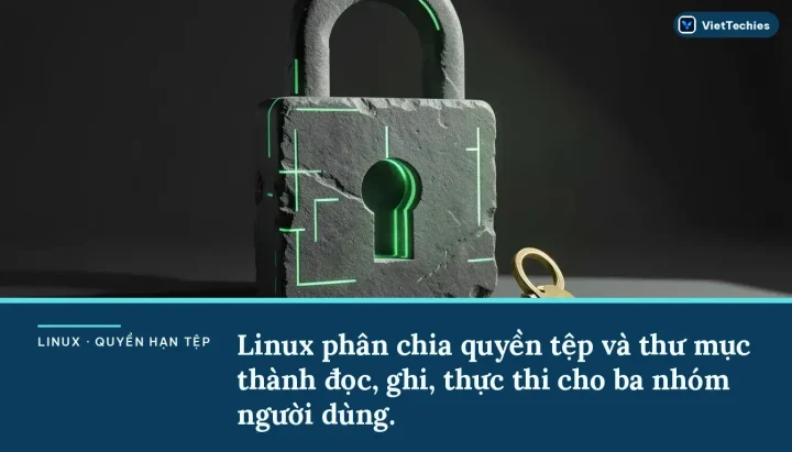 Linux · Quyền hạn tệp: Linux phân chia quyền tệp và thư mục thành đọc, ghi, thực thi cho ba nhóm người dùng.