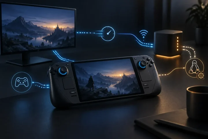 Một thiết bị chơi game cầm tay được nối với màn hình máy tính và bộ chia mạng bằng các luồng dữ liệu phát sáng, gợi liên tưởng đến truyền phát, điều khiển và bảo trì Linux.