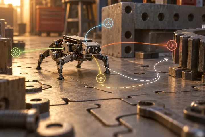 Một robot tự hành nhỏ có hình dáng giống côn trùng di chuyển trên sàn xưởng công nghiệp, khi nhiều đường cảm biến đơn giản phối hợp thành chuyển động phức tạp.