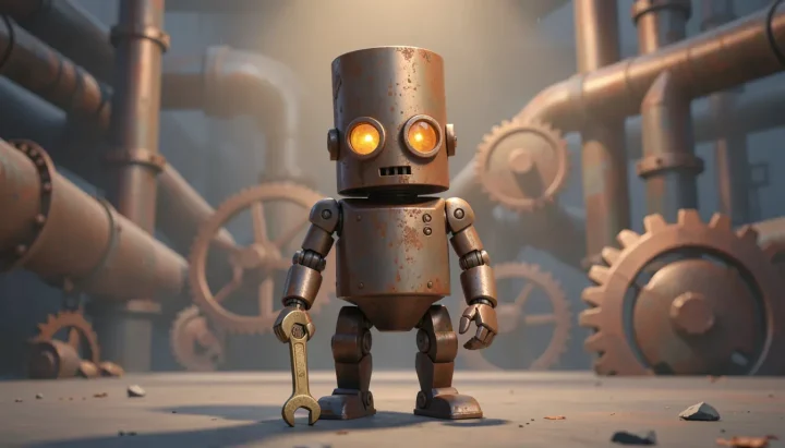 Chú robot sắt gỉ nhỏ nhắn với đôi mắt màu hổ phách phát sáng, tay cầm chiếc cờ lê bằng đồng trong bối cảnh công nghiệp mờ ảo gồm bánh răng đồng và ống thép.