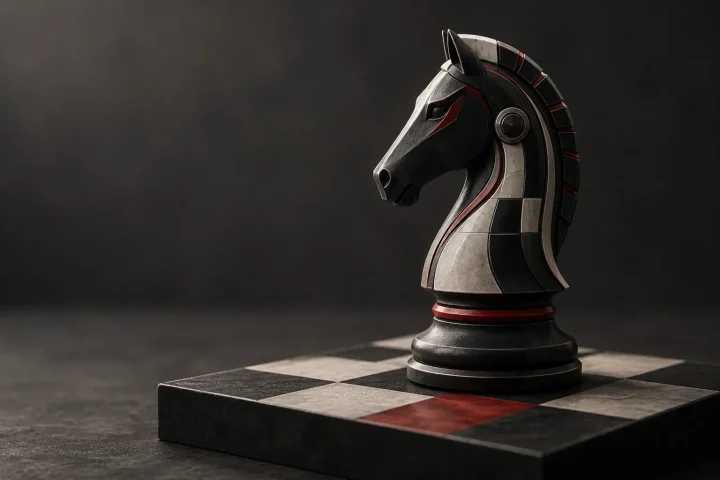 Một quân mã cờ vua cách điệu với các chi tiết gợi liên tưởng đến game chiến thuật đứng trên bàn cờ hình học, tượng trưng cho hướng đi của Rainbow Six Tactics tới lối chơi chiến thuật theo lượt chính xác.