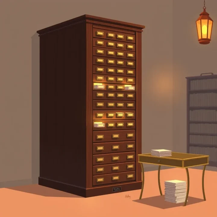 Bức minh họa về một tủ thẻ mục lục lớn bằng gỗ óc chó với các ngăn kéo phát sáng trong phòng lưu trữ ánh sáng mờ ấm áp.