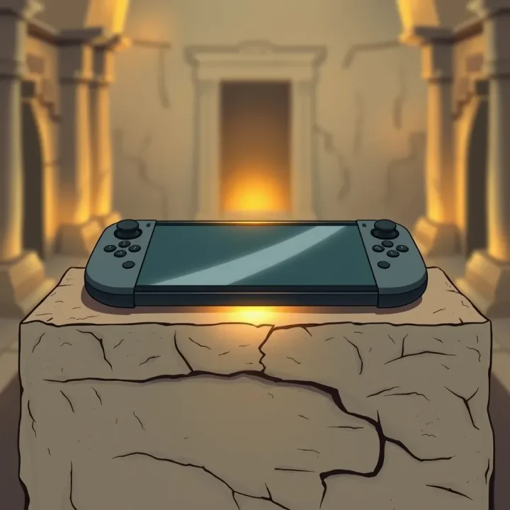 Tay cầm chơi game màu xám đá kẹp hai bên máy tính bảng nằm trên bệ thờ bằng đá cát cổ kính trong một ngôi mộ Ai Cập u tối.