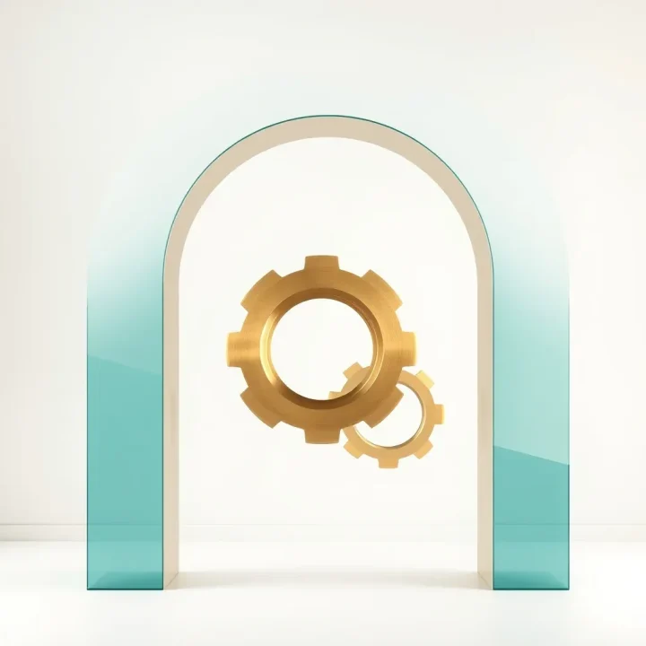 Hình vòm bằng kính màu xanh teal bóng ở trung tâm chứa hai bánh răng lồng vào nhau bằng đồng thau trên phông nền studio màu trắng ngà tối giản.