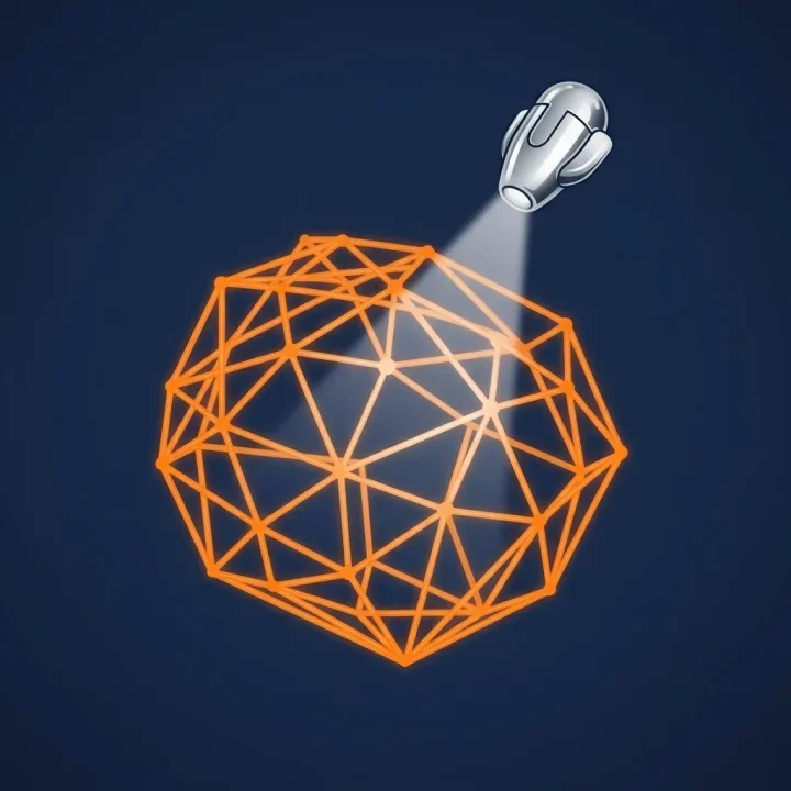 Mô hình lưới web kỹ thuật số màu cam trong suốt phát sáng trên nền xanh đen, được một thiết bị dò robot bằng chrome chiếu chùm ánh sáng trắng để kiểm tra.