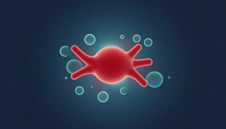 Phân tử hemoglobin màu đỏ phát sáng được bao quanh bởi các bong bóng khí màu xanh ngọc trên nền chuyển màu xanh lam đậm.