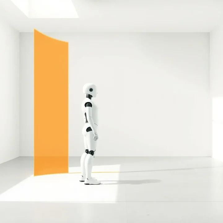 Minh họa biên tập về bóng robot hình người màu trắng mờ đứng cạnh hàng rào an toàn kỹ thuật số màu cam trong suốt dạng cong trên sàn bê tông màu xám.